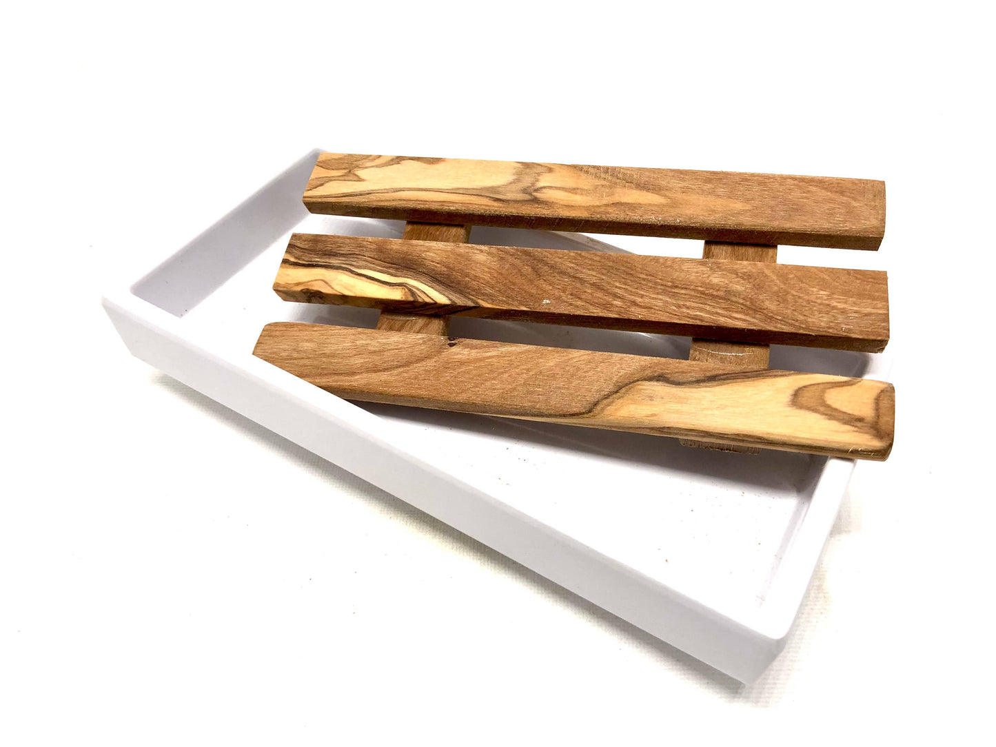 White soap dish with olive wood insert