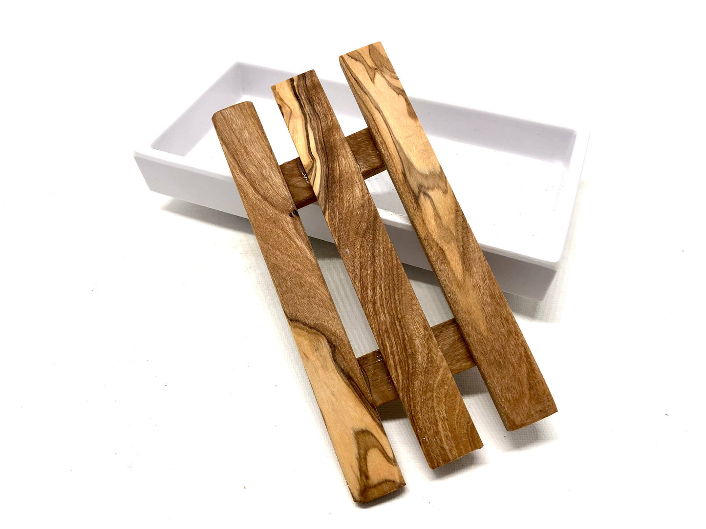 White soap dish with olive wood insert