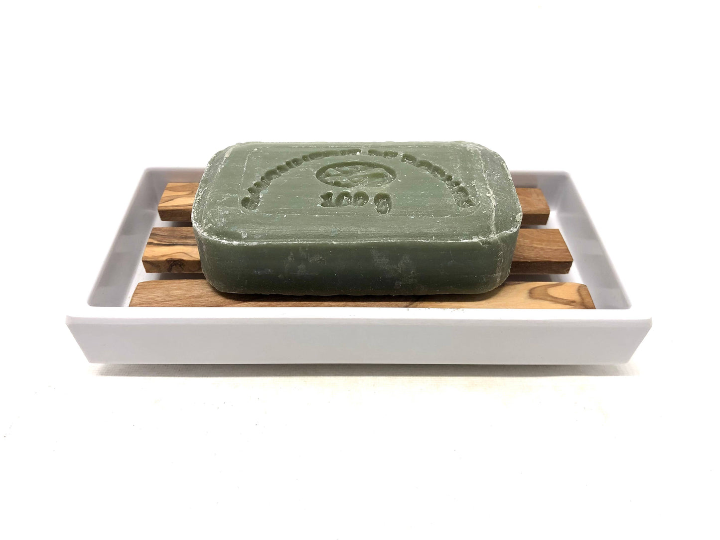 White soap dish with olive wood insert