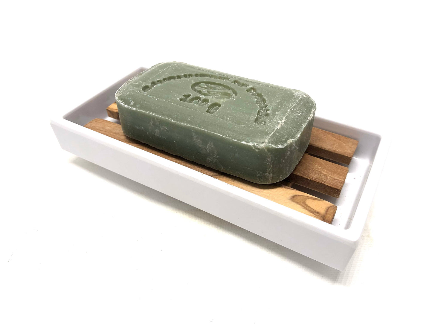 White soap dish with olive wood insert