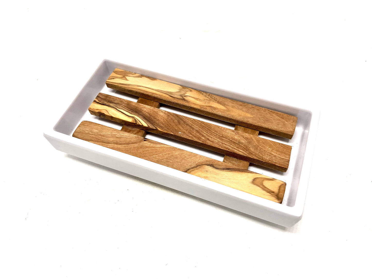 White soap dish with olive wood insert