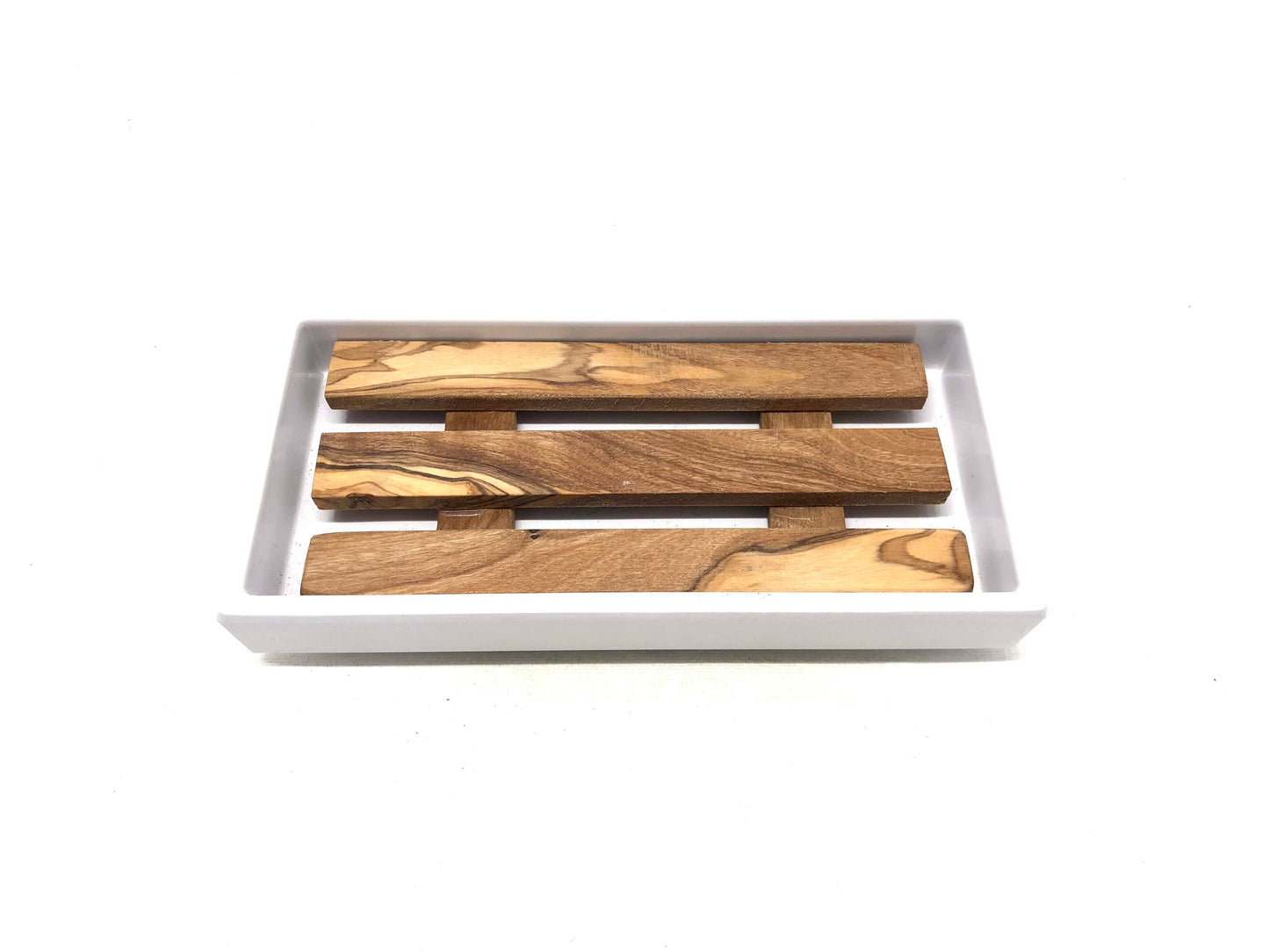 White soap dish with olive wood insert