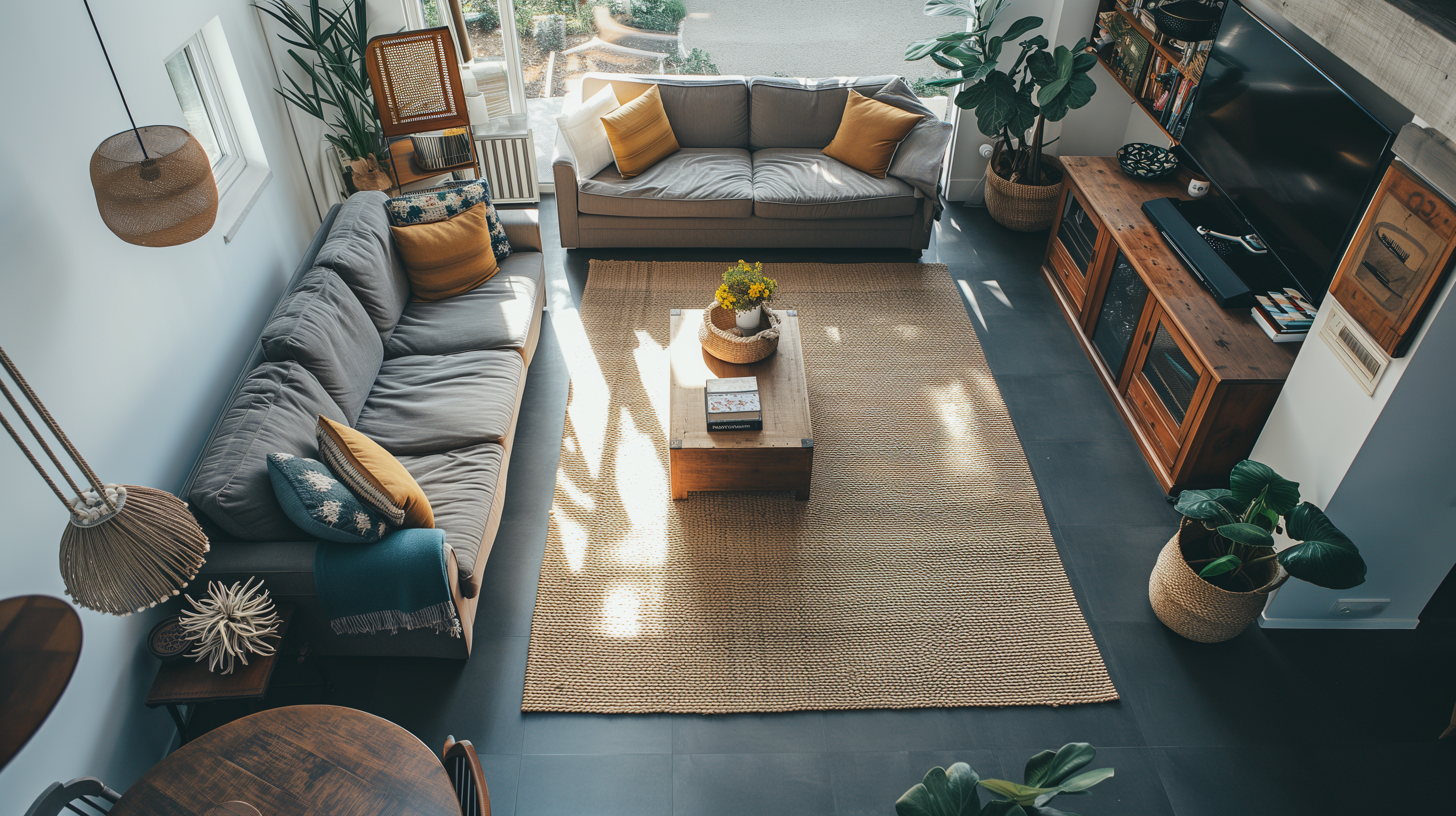 A cozy living room with gray sofas, a wooden coffee table on a beige rug, potted plants, and a TV on a wooden stand. Natural light fills the room through large windows.