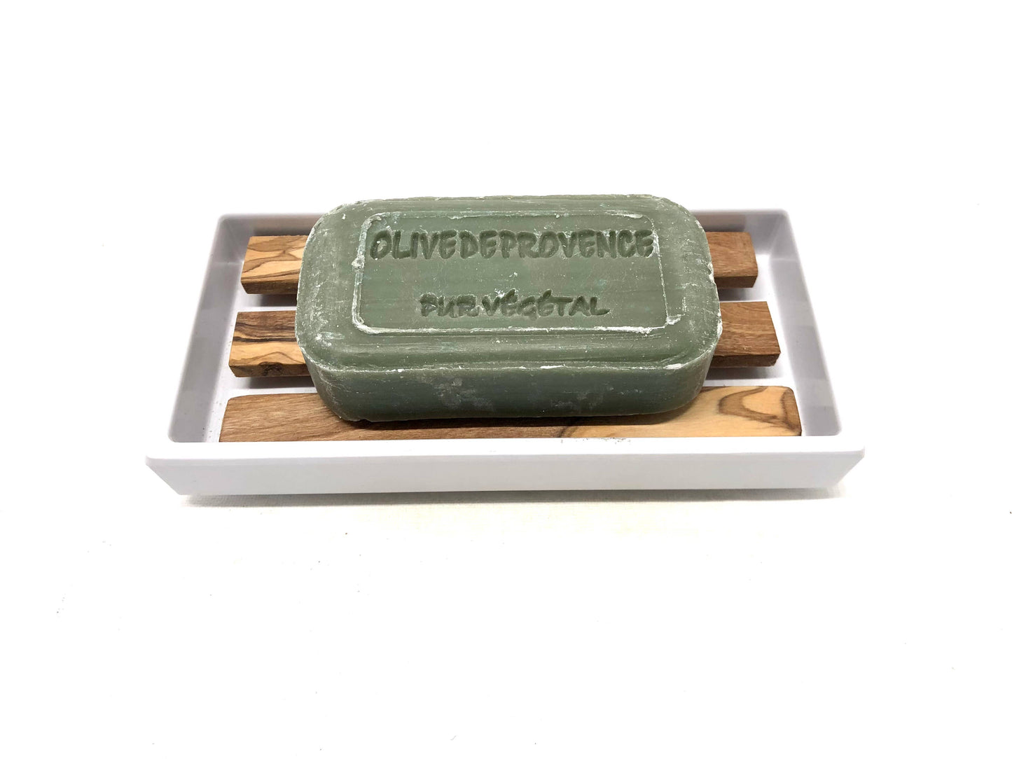 White soap dish with olive wood insert